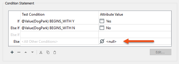 Setting a null value in the Condition Statement dialog.